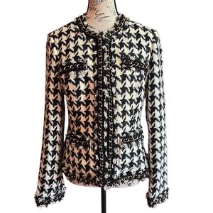 Boston Proper Black and White Houndstooth Blazer Chain Detail Small 6